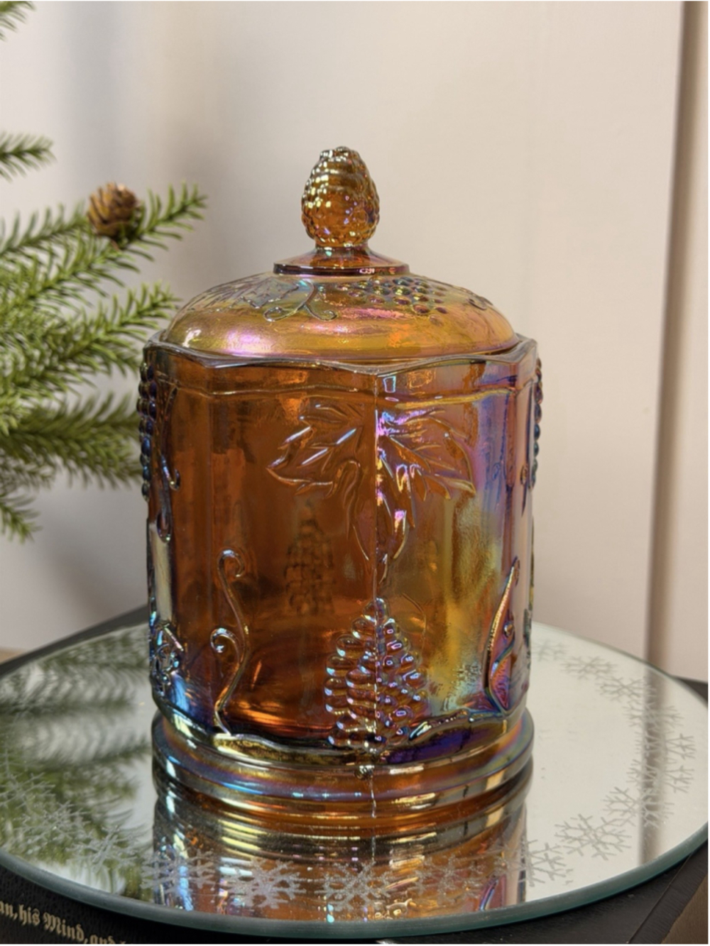 INDIANA HARVEST GRAPE Carnival Glass Apothecary Lidded Jar Marigold Rainbow
